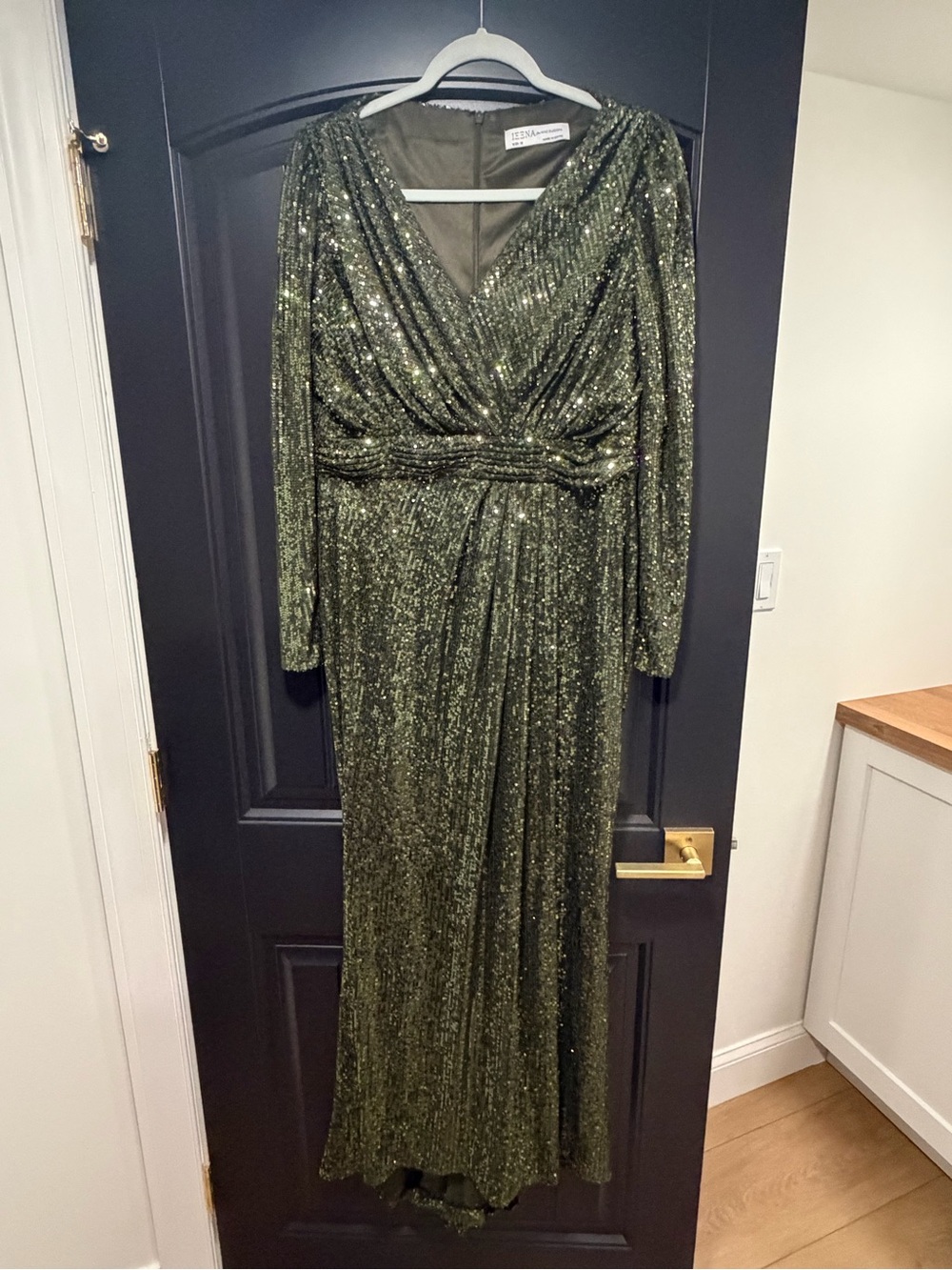 Mac Duggal Sequin Long Sleeve V-Neck Olive Green Evening Gown